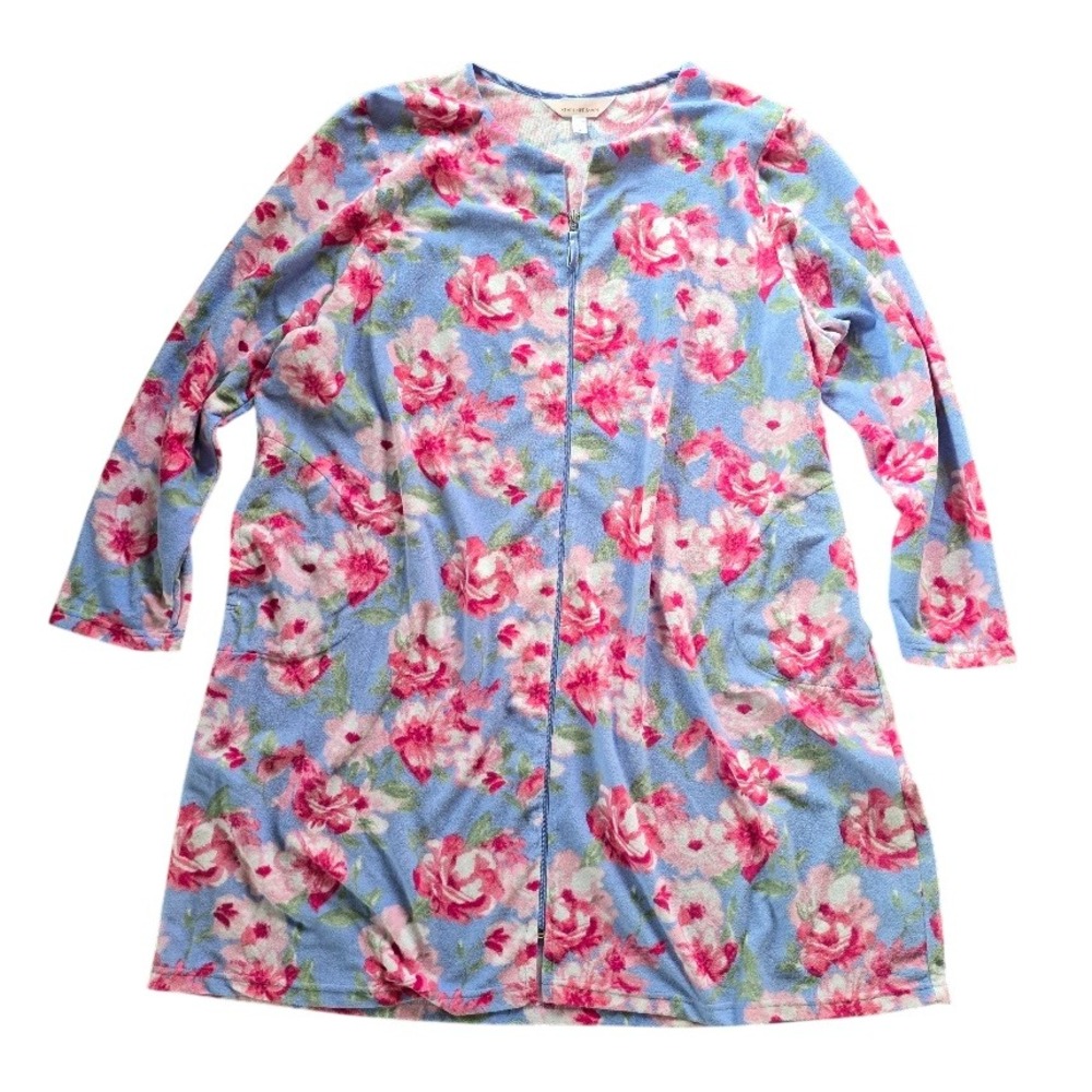 Stan Herman Zip‎ Front Robe Housecoat Pajama Women 2X Blue Floral Plush Fleece